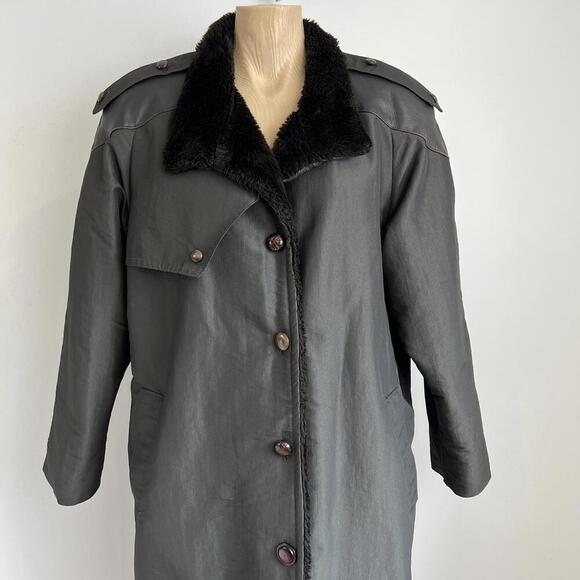 Vintage Fennelli Women's Size L XL Black Leather Faux Fur Trim Overcoat Jacket - Picture 2 of 15